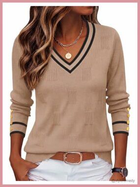 Womens V Neck Pullover Sweater Long Sleeve Ribbed Knit Buttons Lightweight